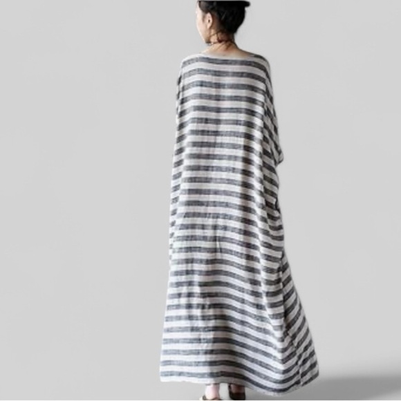 Linen Cotton Striped Caftan Maxi Dress Batwing Pockets Oversized OSFM 32” x 45” - Picture 6 of 16